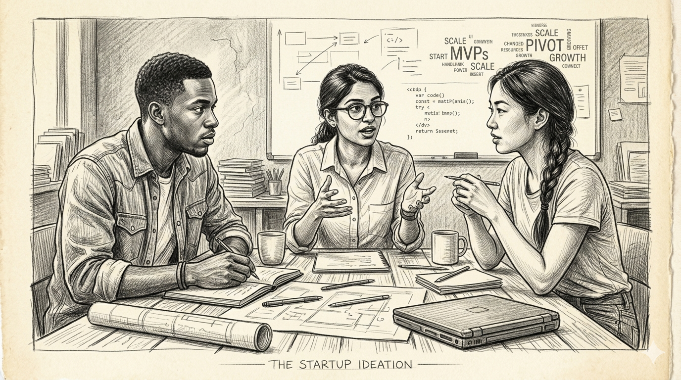 A founding team in conversation around a table, sketching ideas as they work toward agreement